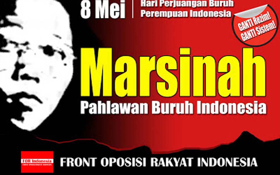 Poster reads 'Marsinah Indonesian Worker's Hero' (lenteradiatasbukit)