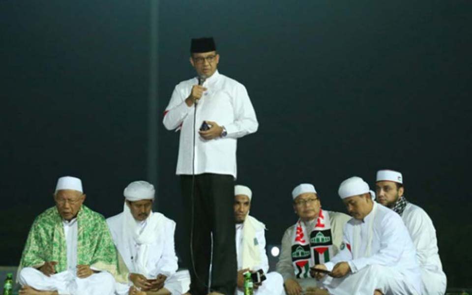 Jakarta governor elect Anies Baswedan speaking at FPI anniversary in Jakarta - August 19, 2017 (Tempo)
