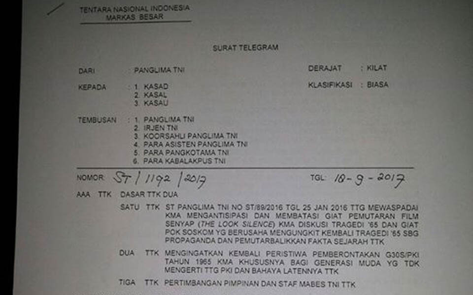 Section of TNI order dated 18-9-17 on blocking Senyap screenings (Joshua Oppenheimer)