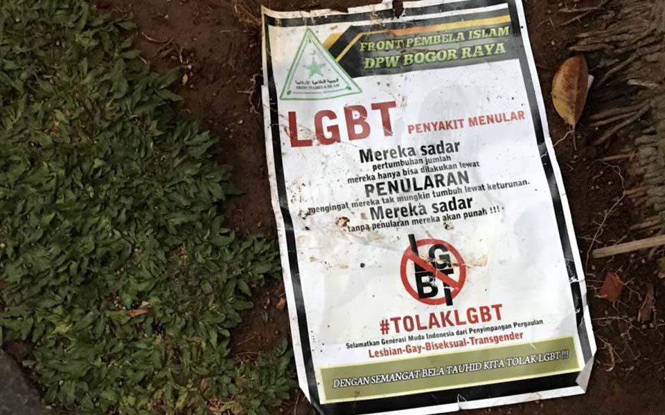 Discarded poster opposing LGBT used at earlier protest in Bogor (VOA)