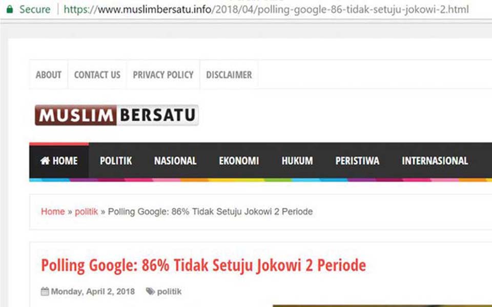 Title reads 'Google Polling 86% don't agree with Jokowi serving second term' (Tirto)