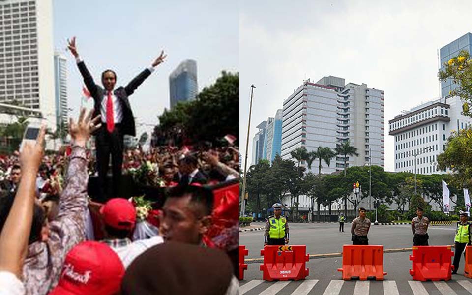 Central Jakarta on Widodo’s inauguration in 2014 (left) and 2019 (right)