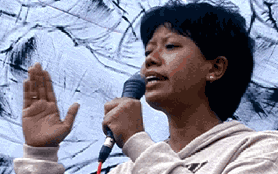 Dita Indah Sari speaking at rally in Jakarta (Green Left)
