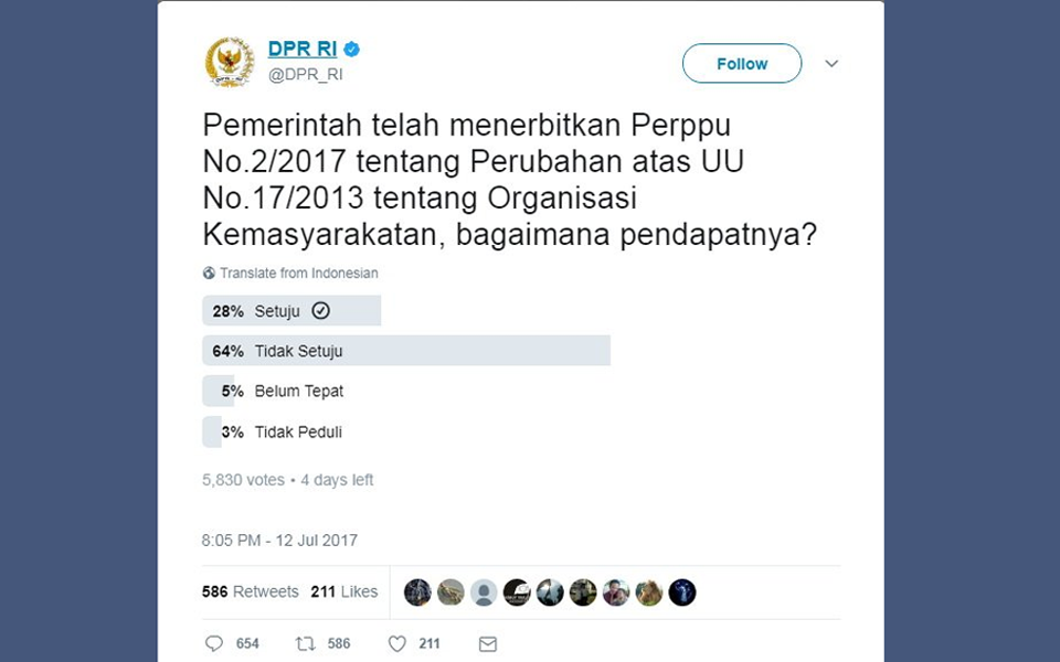 DPR Twitter account (@DPR_RI) poll on the Perppu Ormas - July 12, 2017