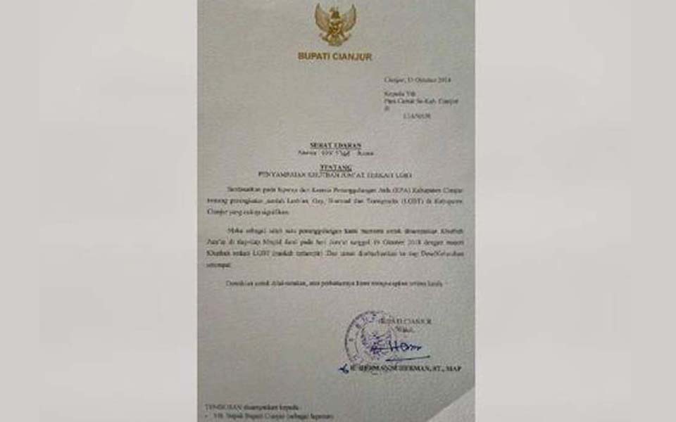 Instruction circulated to mosques by Cianjur regency government (Istimewa)