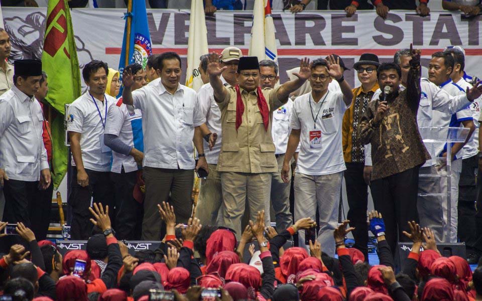 Prabowo and Said Iqbal at Senyan Sports Arena - May 1, 2018 (Antara)