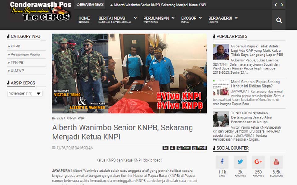 Screenshot of article 'Senior KNPB Member Alberth Wanimbo, Now KNPI'